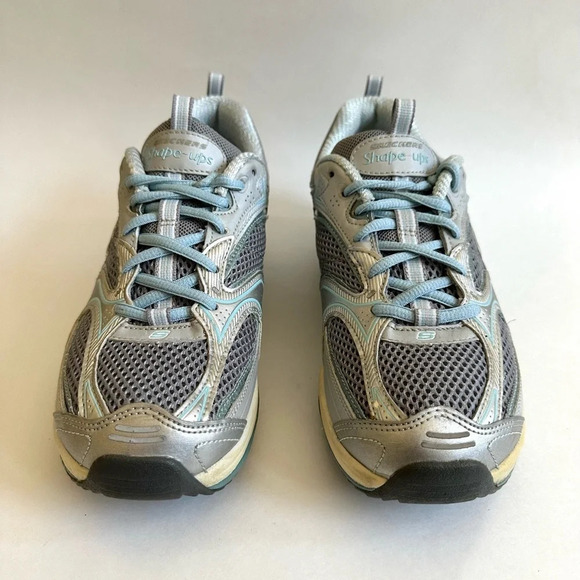 Skechers Womens Shape Ups 12320 Silver Blue Casual Shoes Sneakers Sz 8 Leather - Picture 4 of 13